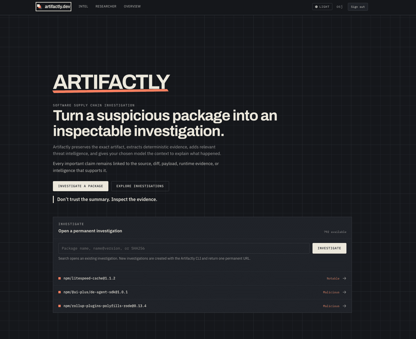 Artifactly software supply chain investigation interface