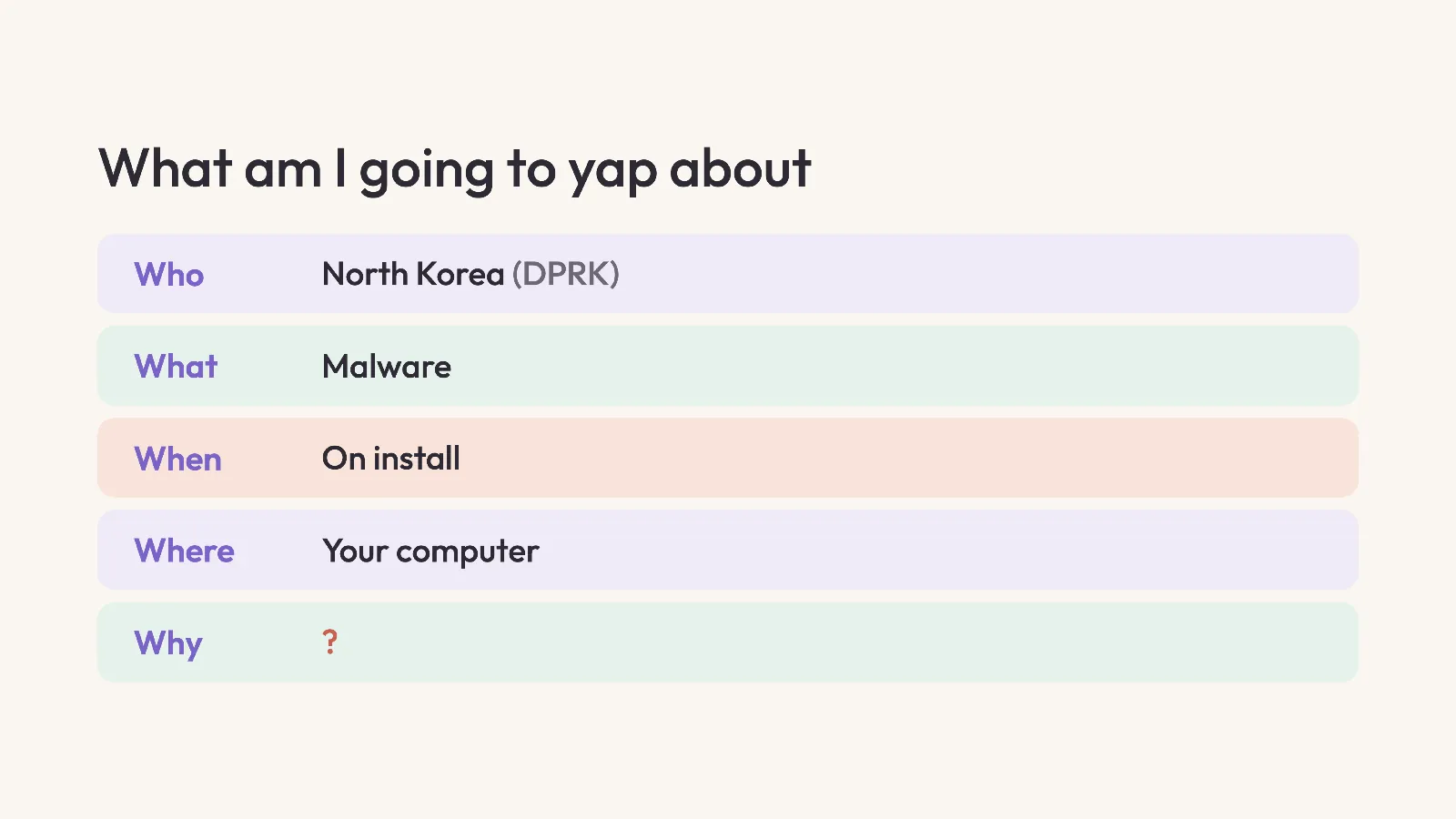 Slide 3: What am I going to yap about Who North Korea (DPRK) What Malware When On install Where Your computer Why ?