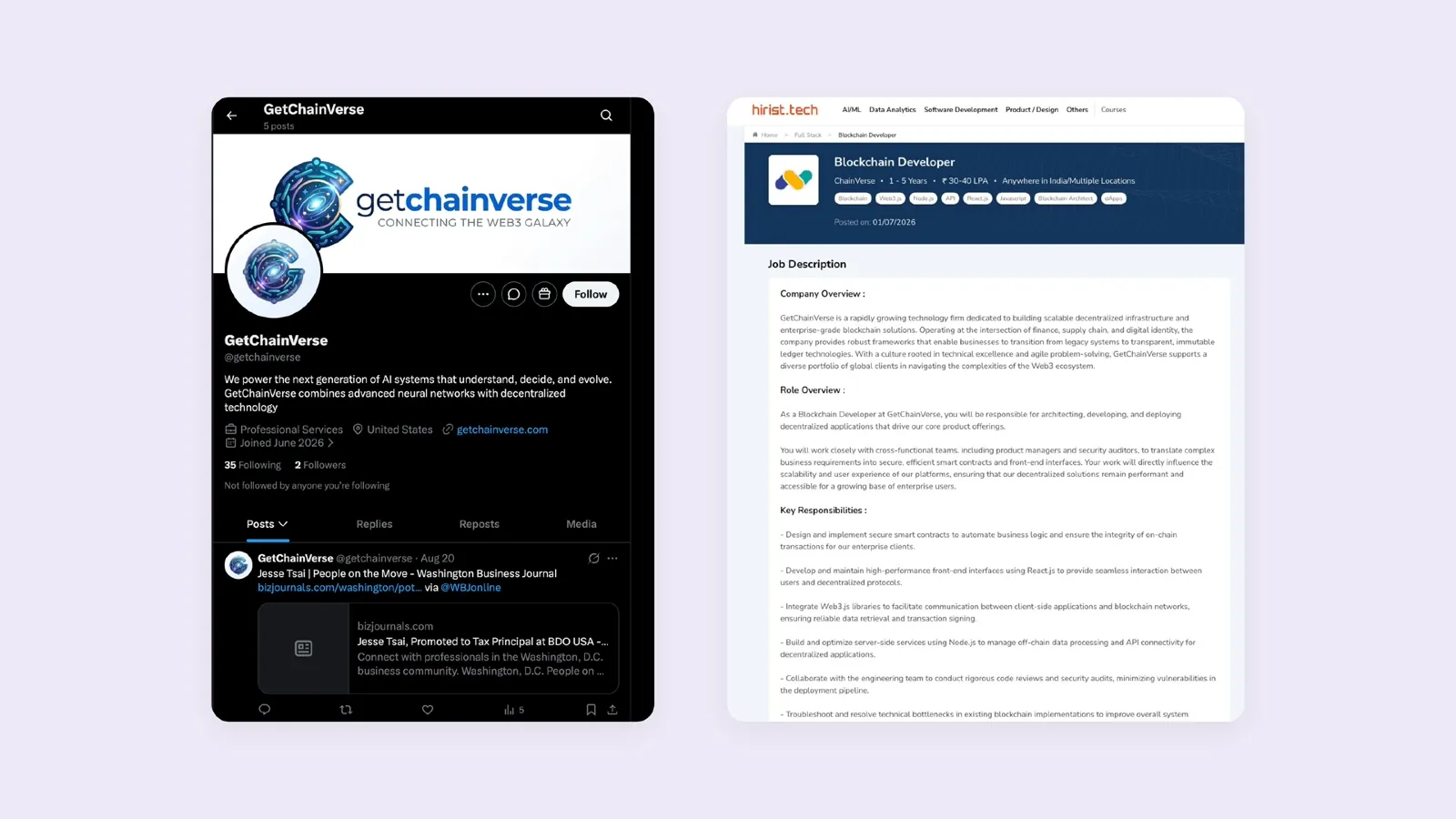 Slide 8: Screenshots of the GetChainVerse X profile and its Blockchain Developer job post on hirist.tech
